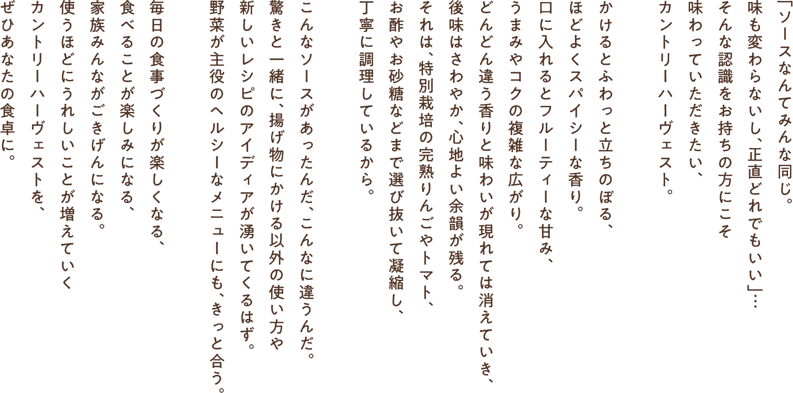 「ソースなんてみんな同じ。味も変わらないし、正直どれでもいい」…そんな認識をお持ちの方にこそ味わっていただきたい、カントリーハーヴェスト。かけるとふわっと立ちのぼる、ほどよくスパイシーな香り。口に入れるとフルーティーな甘み、うまみやコクの複雑な広がり。どんどん違う香りと味わいが現れては消えていき、後味はさわやか、心地よい余韻が残る。それは、特別栽培の完熟りんごやトマト、お酢やお砂糖などまで選び抜いて凝縮し、丁寧に調理しているから。こんなソースがあったんだ、こんなに違うんだ。驚きと一緒に、揚げ物にかける以外の使い方や新しいレシピのアイディアが湧いてくるはず。野菜が主役のヘルシーなメニューにも、きっと合う。毎日の食事づくりが楽しくなる、食べることが楽しみになる、家族みんながごきげんになる。使うほどにうれしいことが増えていくカントリーハーヴェストを、ぜひあなたの食卓に。